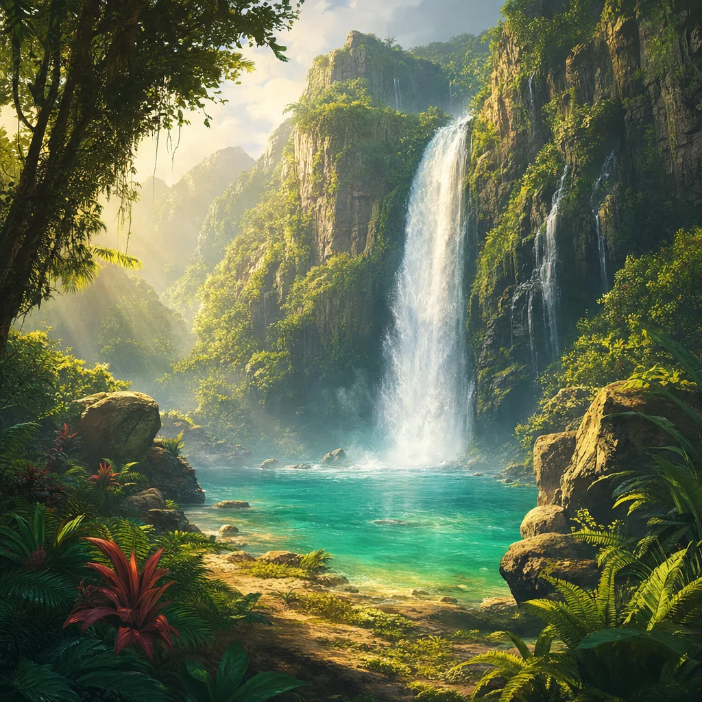 A tropical waterfall pours into a turquoise pool surrounded by lush cliffs and foreground ferns.