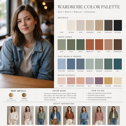 Wardrobe palette board with denim-jacket portrait, organized swatches and outfit inspiration.