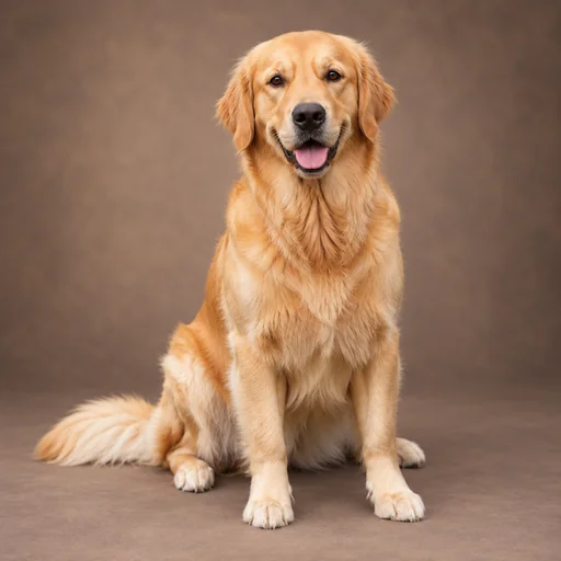 A golden retriever sits with its tongue out against a softly lit warm-brown studio backdrop.