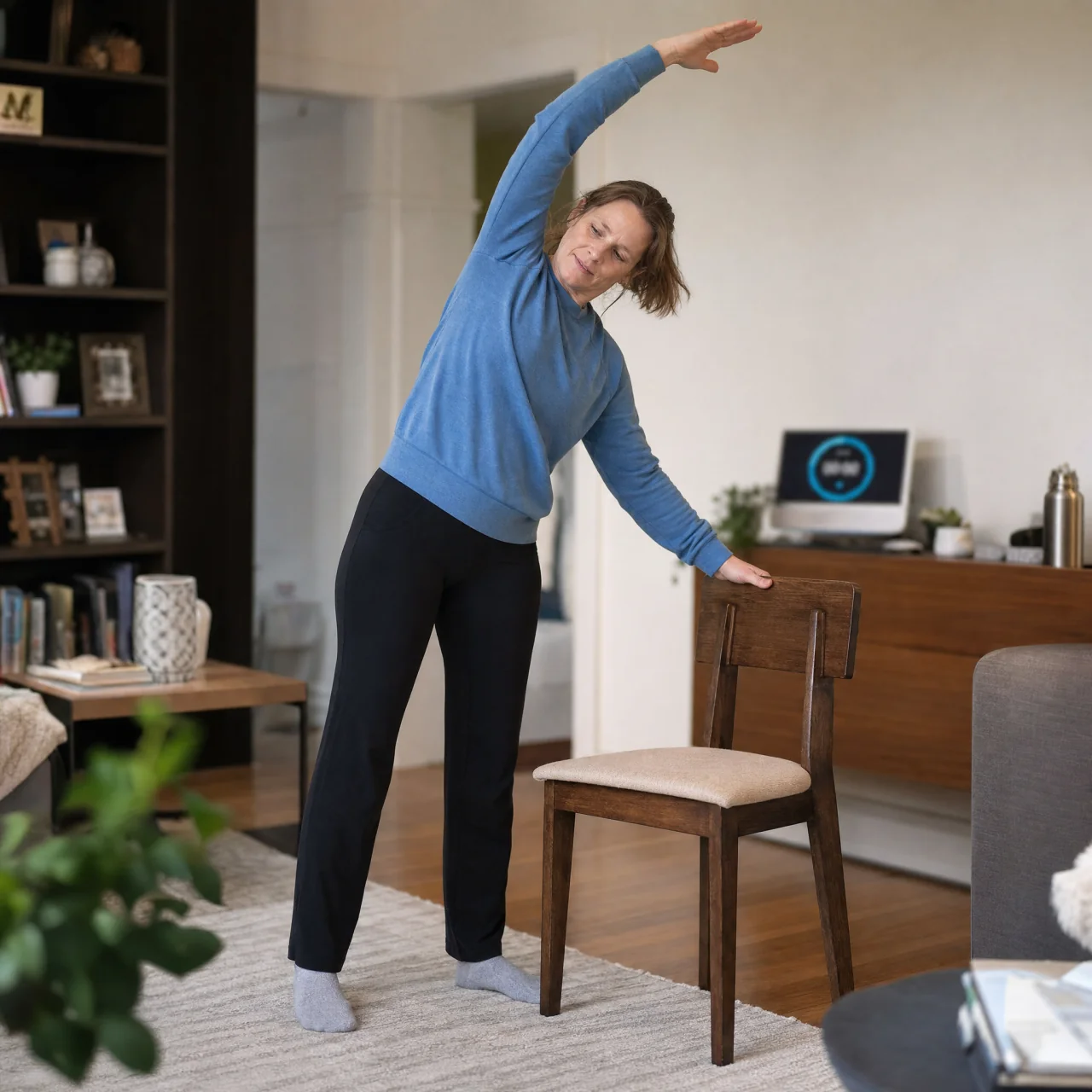 Person standing beside a chair with one hand on the chair back and the other arm reaching overhead, leaning gently to the side to perform a supported side reach.