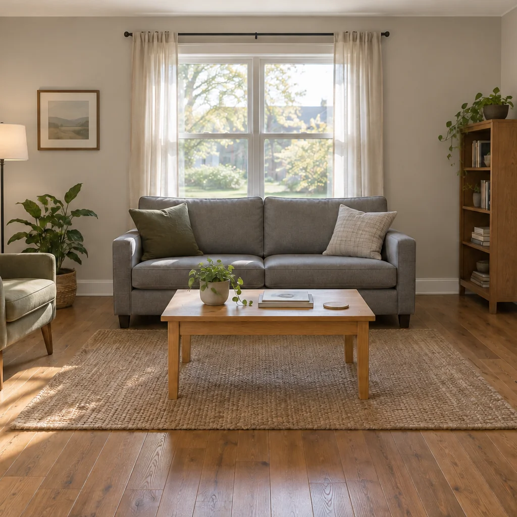The reference living room with pale greige satin walls and existing furniture.