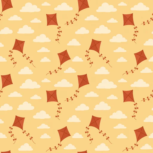 Rust-red kites and cream clouds on pale ochre.