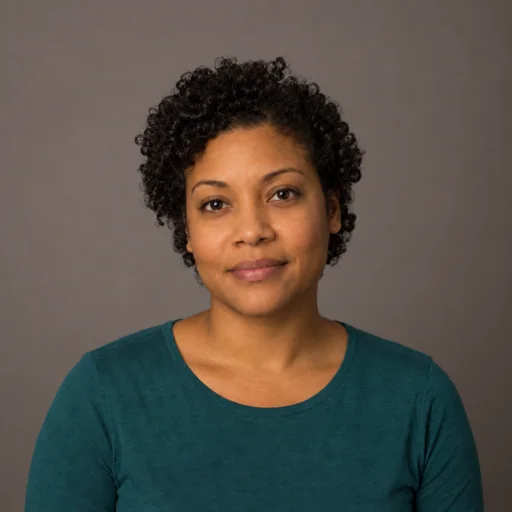 A woman with short curls and a teal shirt, with clearer portrait detail and balanced studio lighting.