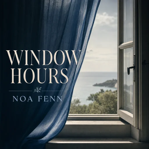 Window Hours literary cover with open window and blue curtain.