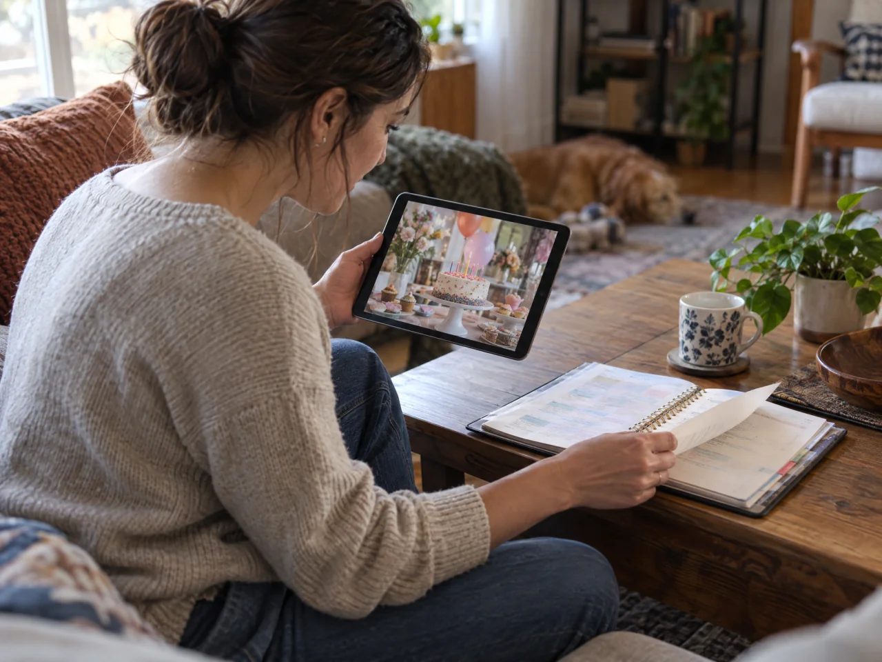 An adult reviews a birthday dessert-table photograph on a tablet while turning a page in an open planner at a living-room coffee table.