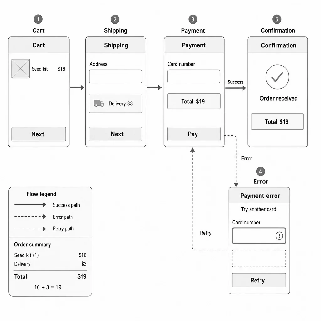 Five-panel seed-kit checkout with correct success/error/retry branches and a $19 total.
