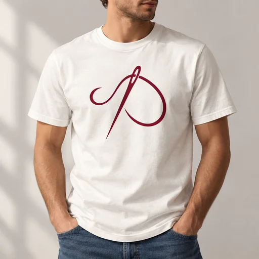 White T-shirt with a burgundy sewing needle and looping thread logo.