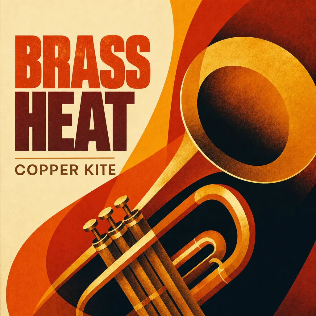 Brass Heat funk album cover with a bold abstract trumpet.