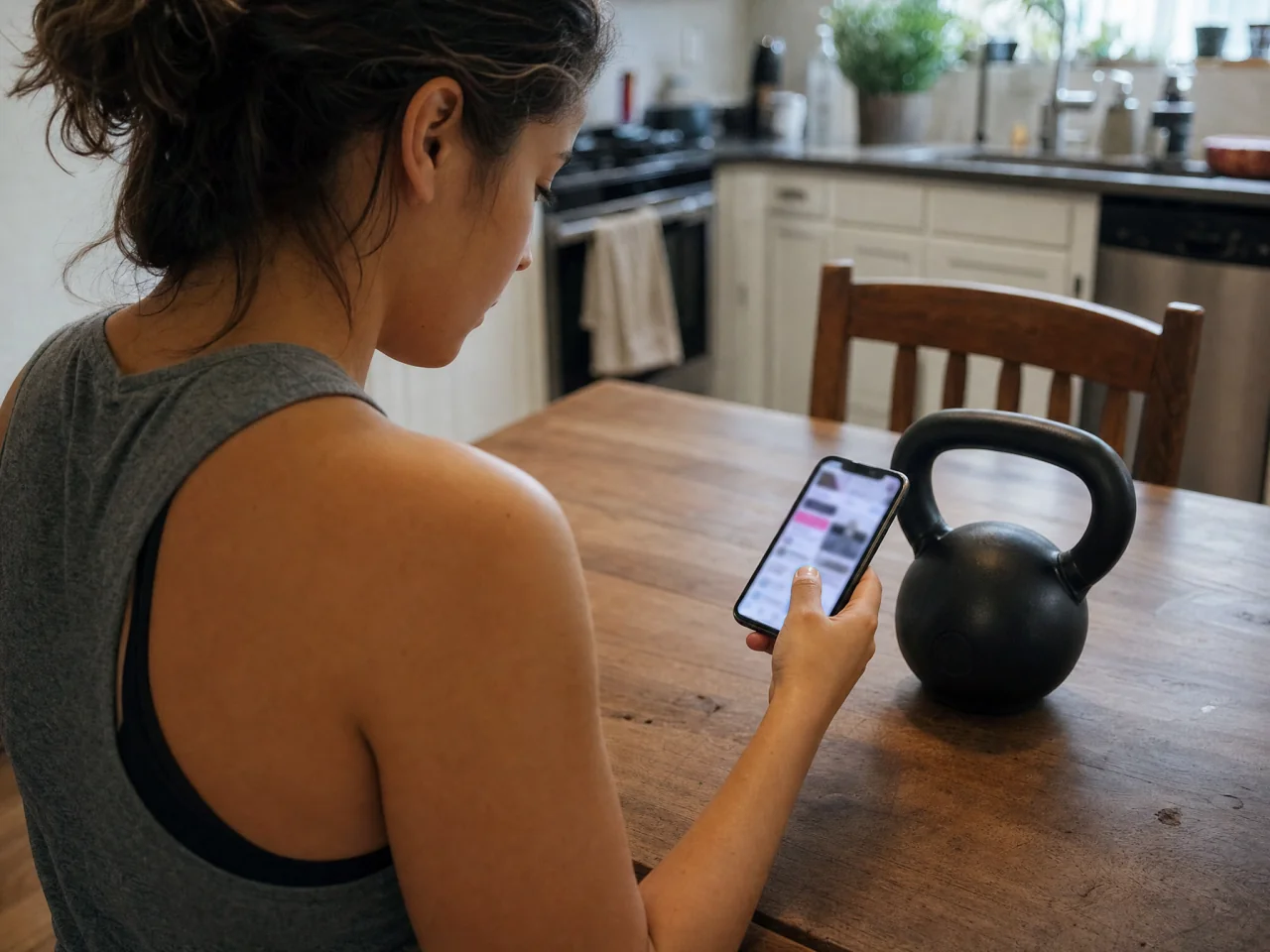 Person at a kitchen table preparing a kettlebell session on a smartphone with a smartphone and kettlebell on table; the phone screen is angled away from the camera.