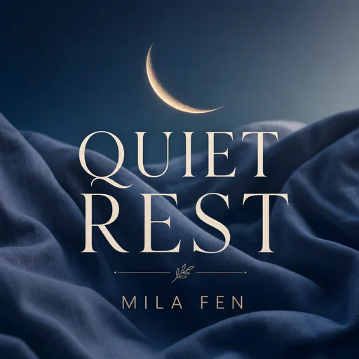 QUIET REST by MILA FEN with a crescent moon over soft navy fabric.