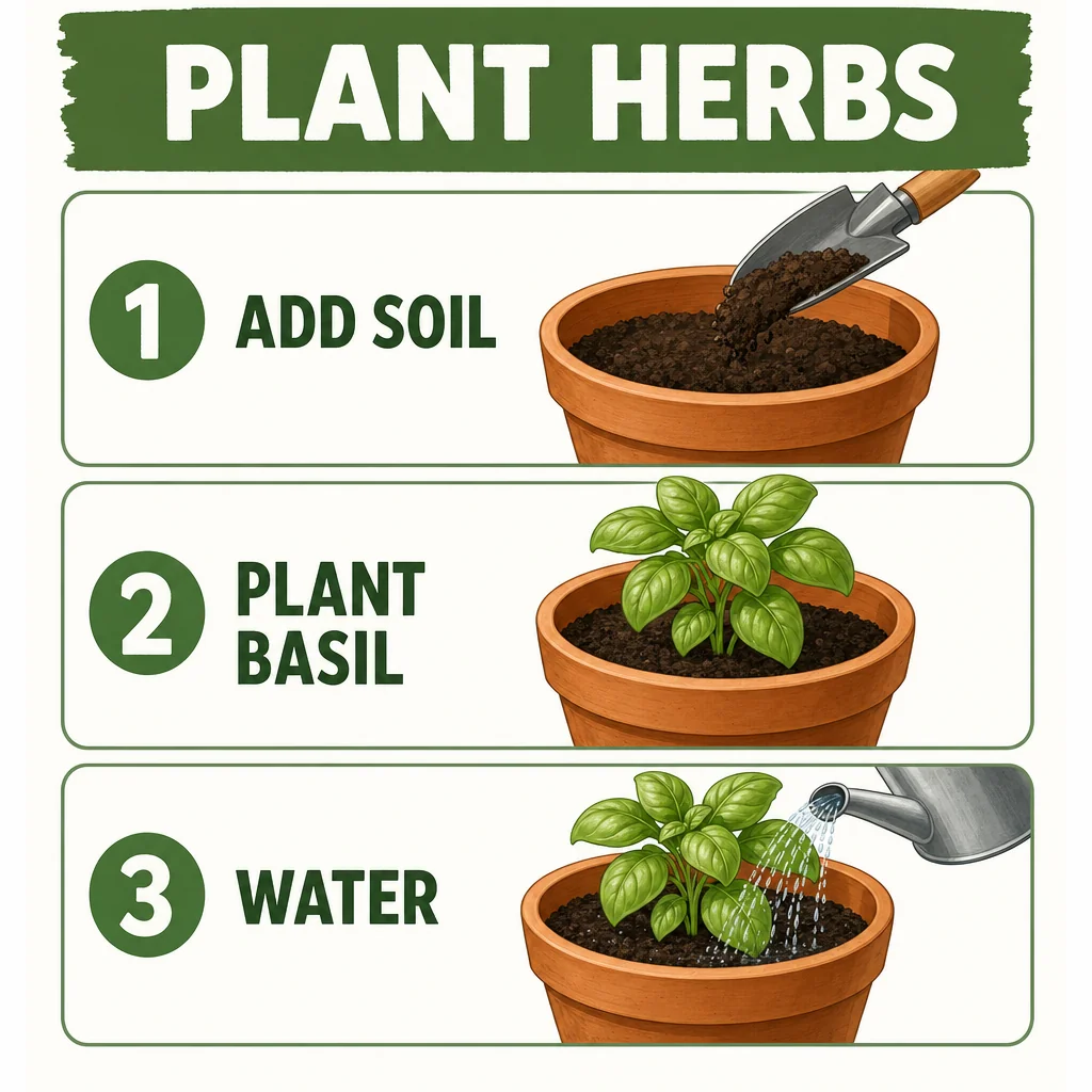 Three-stage PLANT HERBS poster showing soil, basil and watering.