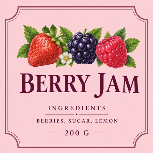 Berry illustration above BERRY JAM and exact ingredient and weight lines.