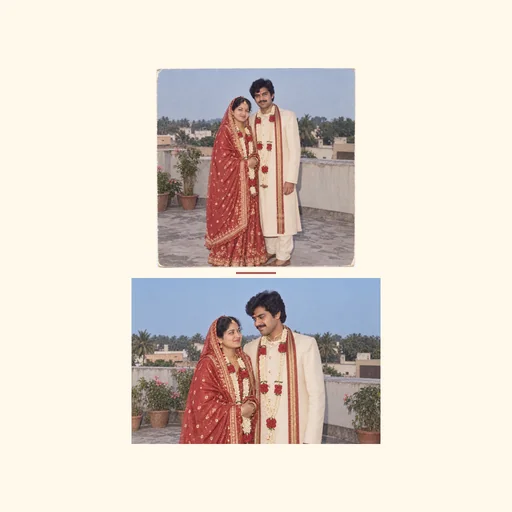 Two complete wedding photos stacked vertically in their original order, preserving both full images.