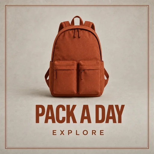 Centered rust backpack above PACK A DAY and EXPLORE.