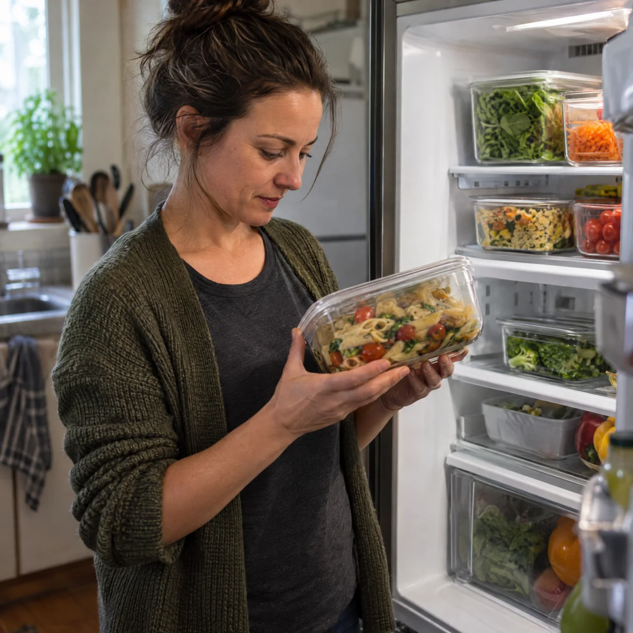 A home cook examines a clear container of leftover vegetable pasta beside an open refrigerator holding beans and roasted vegetables.