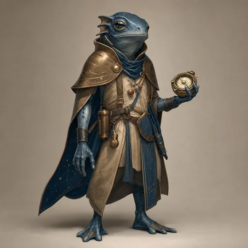 A slate-blue amphibian alien navigator wears a bronze shoulder mantle and holds a compact round compass.