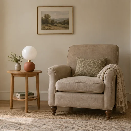 A terracotta globe lamp sits on a wooden side table beside a beige armchair in a softly lit room.