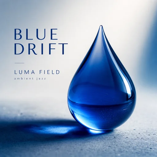 Blue Drift ambient jazz album cover with a cobalt glass droplet.