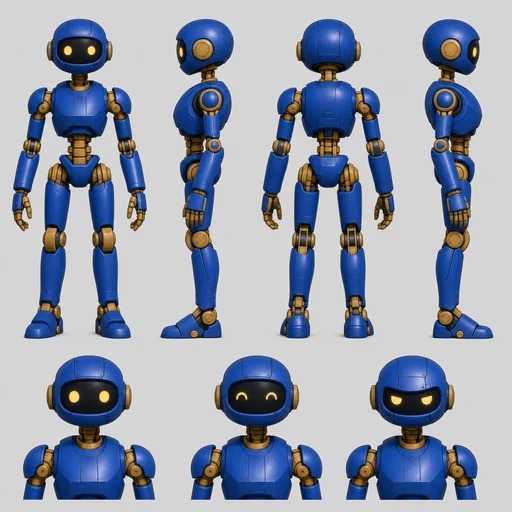 A cobalt robot with ochre joints in turnaround views and three expressions.