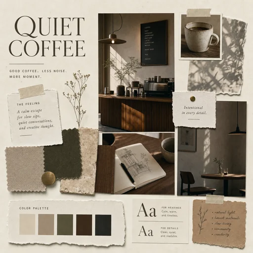 Quiet Coffee moodboard with warm cafe interiors, neutral colors and natural materials.