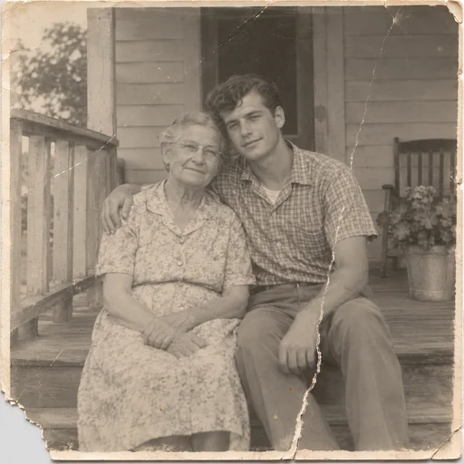 Source 1 for Torn photo repair: grandmother grandson porch 1960s.