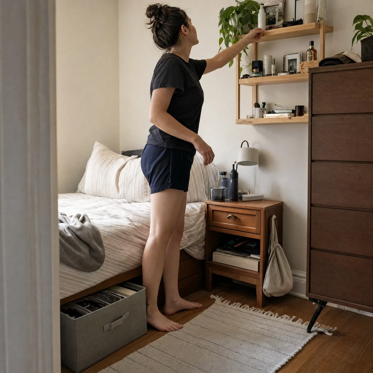 Person reaching to an open wall shelf beside a bed with a partially pulled-out under-bed storage box visible beneath the mattress and a narrow dresser against the wall.
