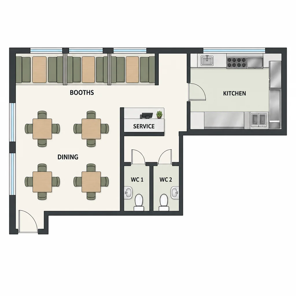 L-shaped family restaurant with booths, dining room, kitchen and two WCs.