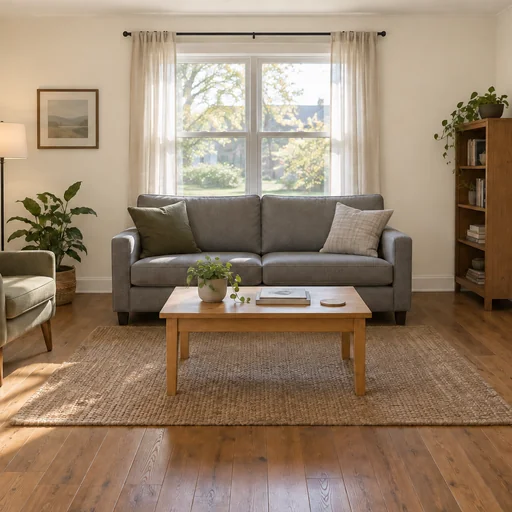 The reference living room with warm ivory matte walls and its existing furnishings.