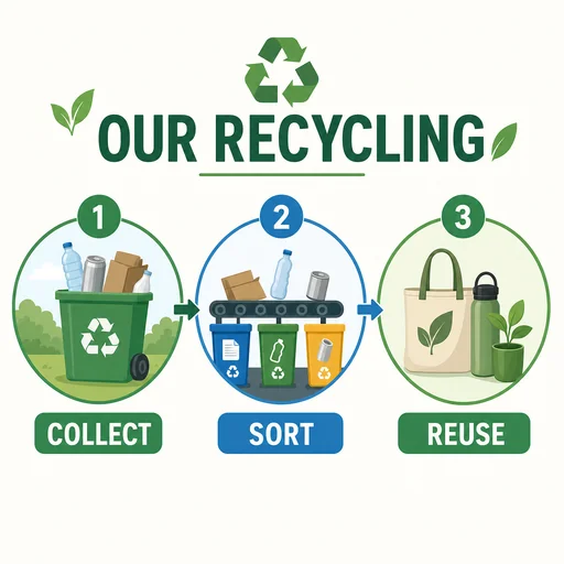 Our Recycling infographic showing Collect, Sort and Reuse in order.
