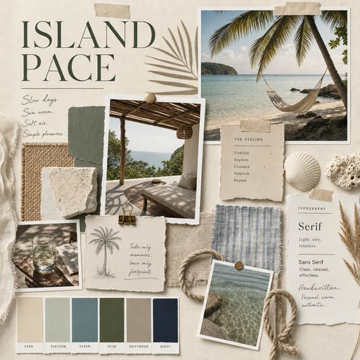 Island Pace moodboard with a beach hammock, sea-view terrace and coastal textures.