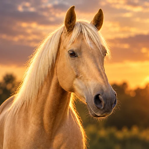 A golden palomino horse with a cream mane poses in warm sunset light against a softly blurred paddock.