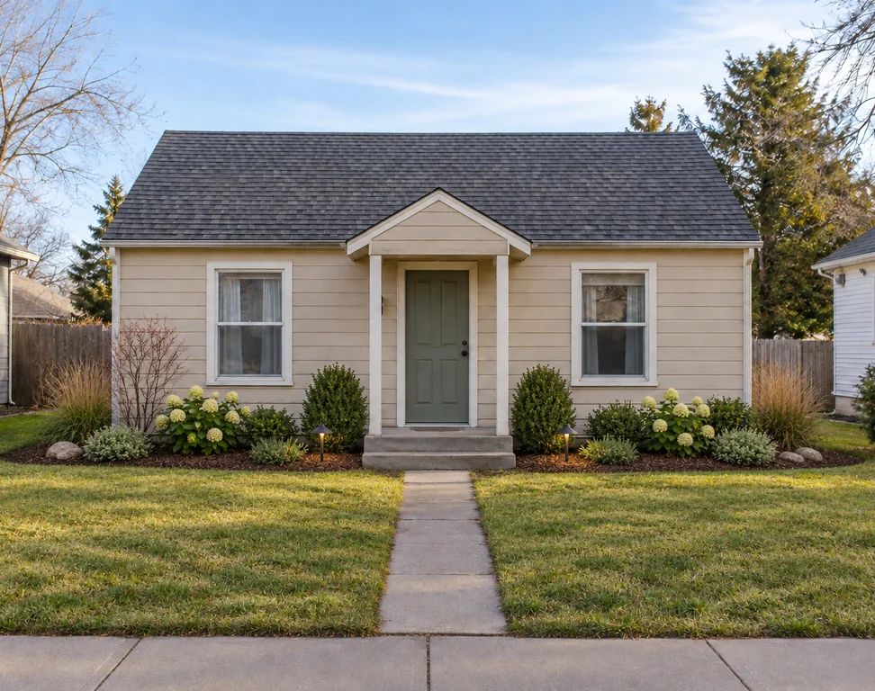 A cottage front garden with mulched beds of shrubs, hydrangeas and ornamental grasses beside the existing path.