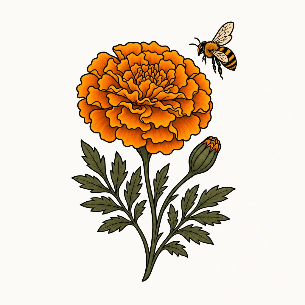 Orange marigold tattoo with one small bee and green leaves.