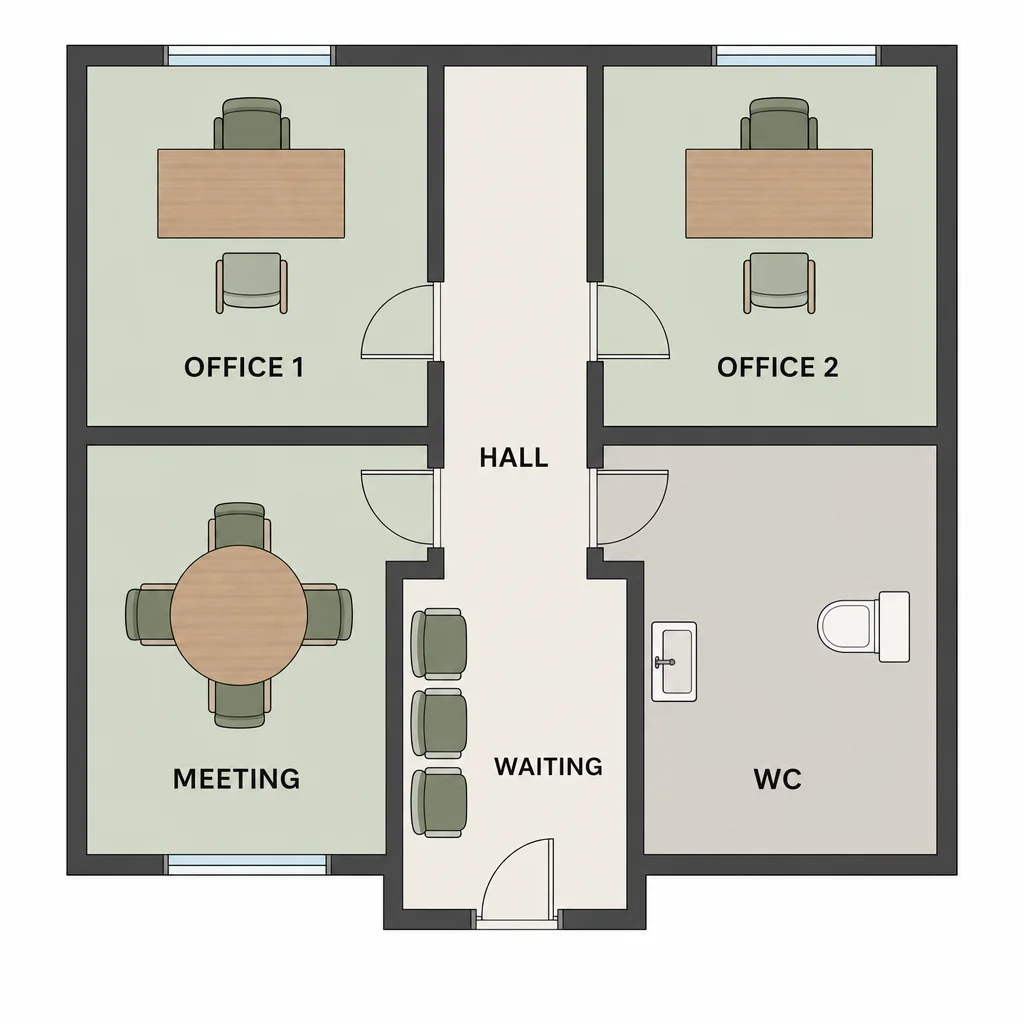 Two-consultant office suite with shared hall, meeting room, waiting area and WC.