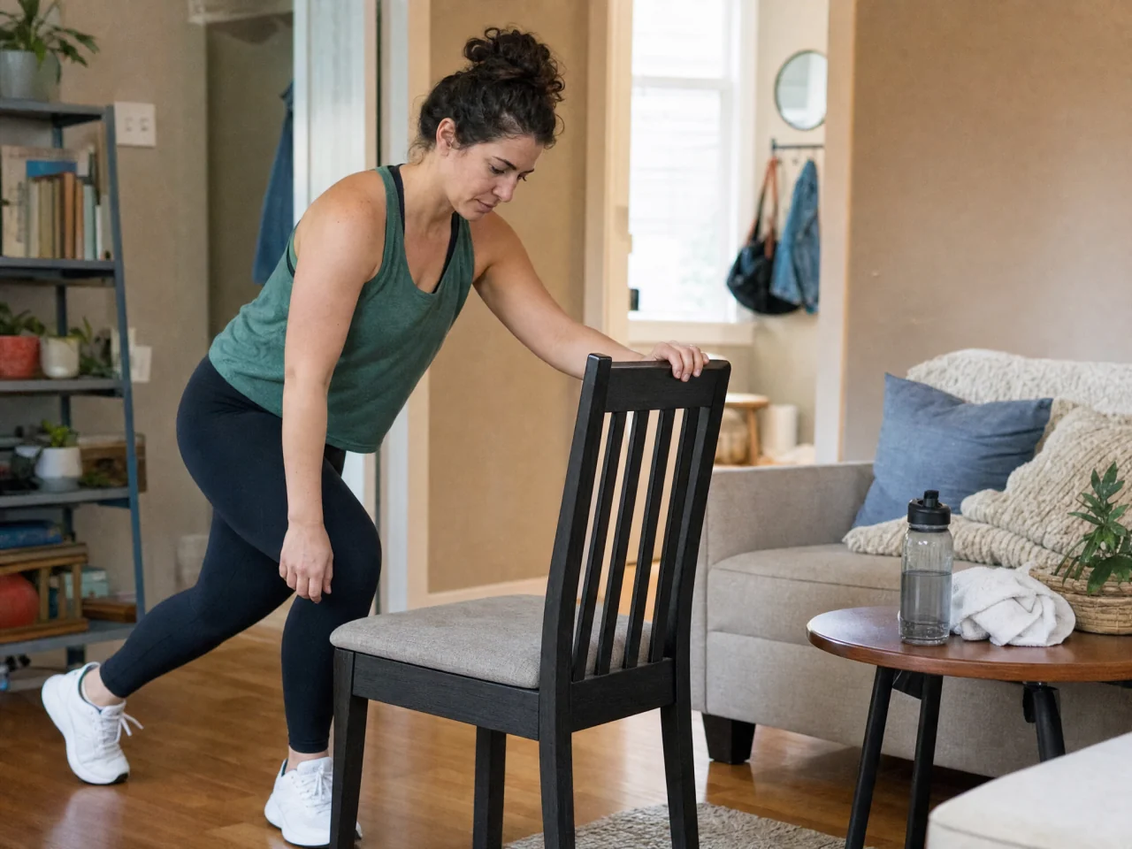 A person positioning and testing a sturdy chair in a living room, with a water bottle and towel on a nearby table.