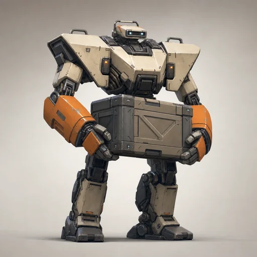A sturdy freight robot with broad triangular shoulders and orange forearms holds one plain cargo crate.