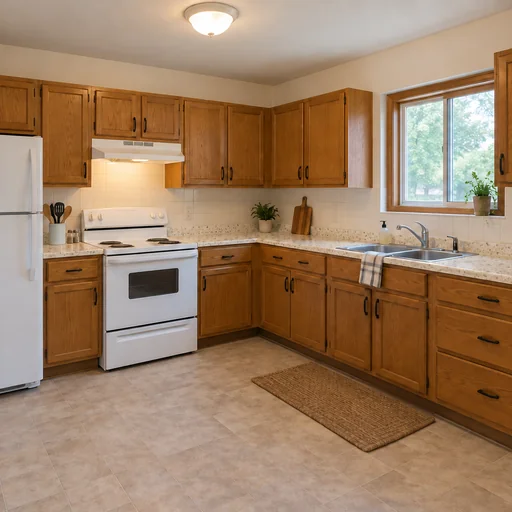 The reference kitchen with cream terrazzo counters and small neutral chips.