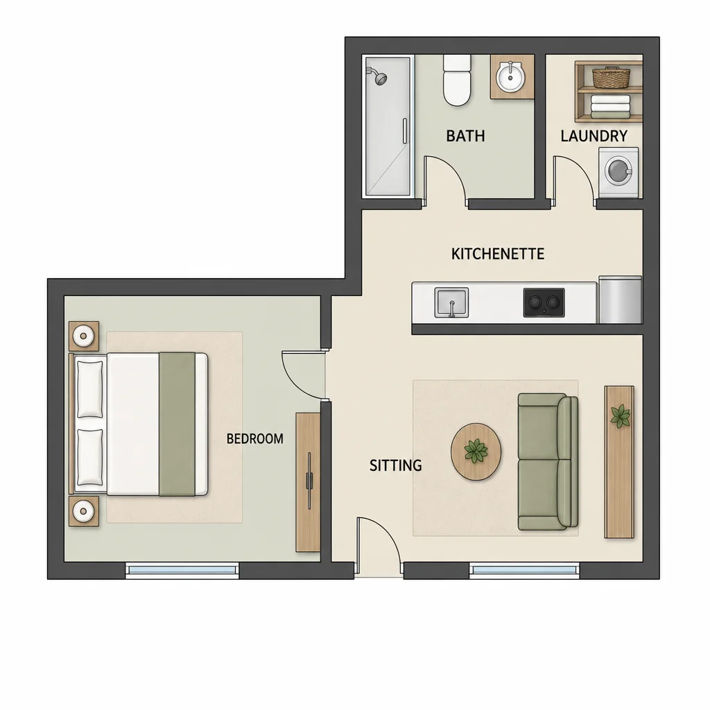 Unmeasured L-shaped guest cottage with bedroom, sitting room, kitchenette, bath and laundry.