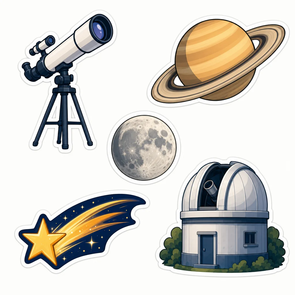 Five coordinated astronomy stickers showing a telescope, ringed planet, moon, shooting star and observatory.