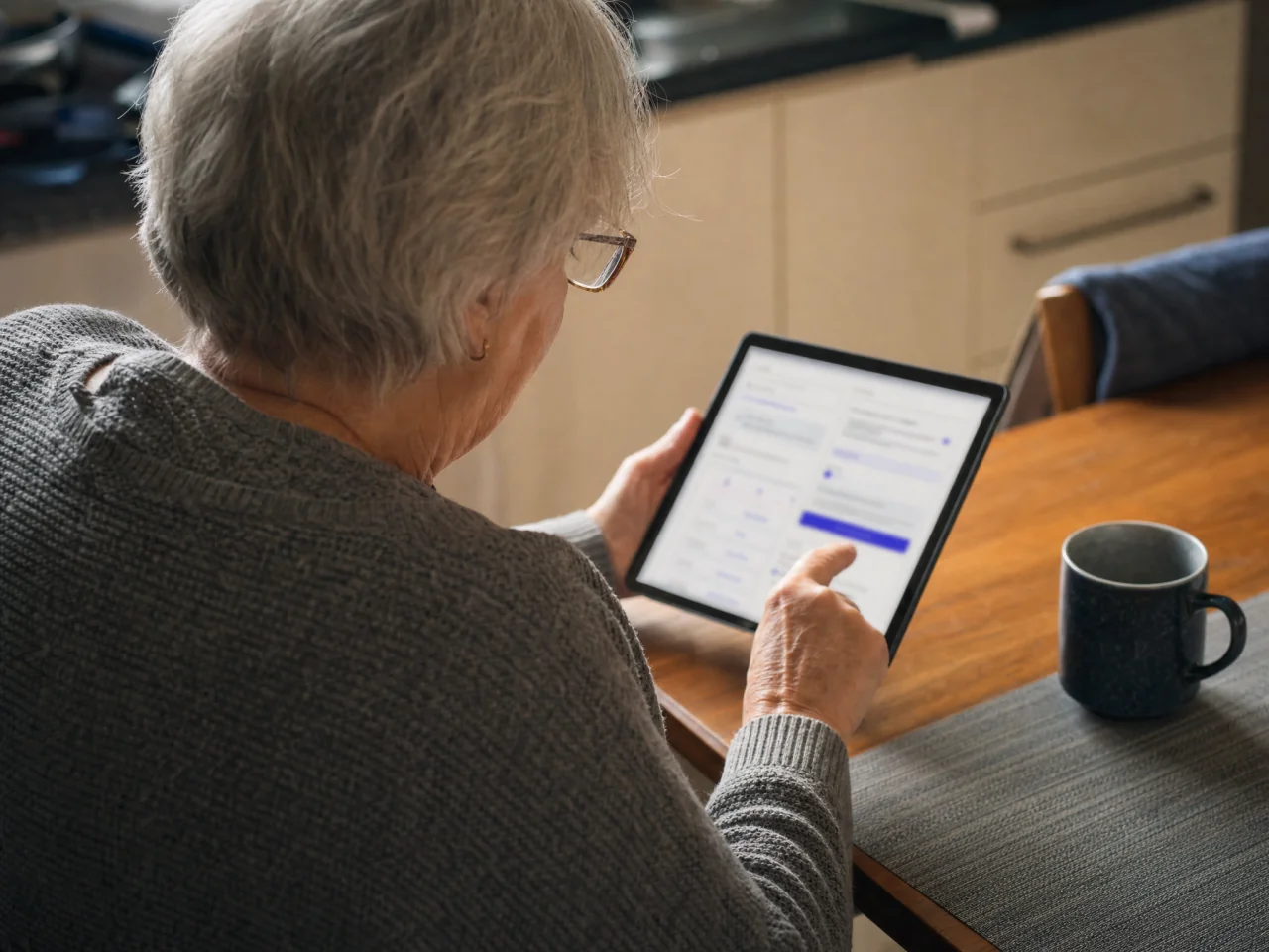 Older adult at a kitchen table tapping a tablet to enter activity and support details, screen angled away from camera.