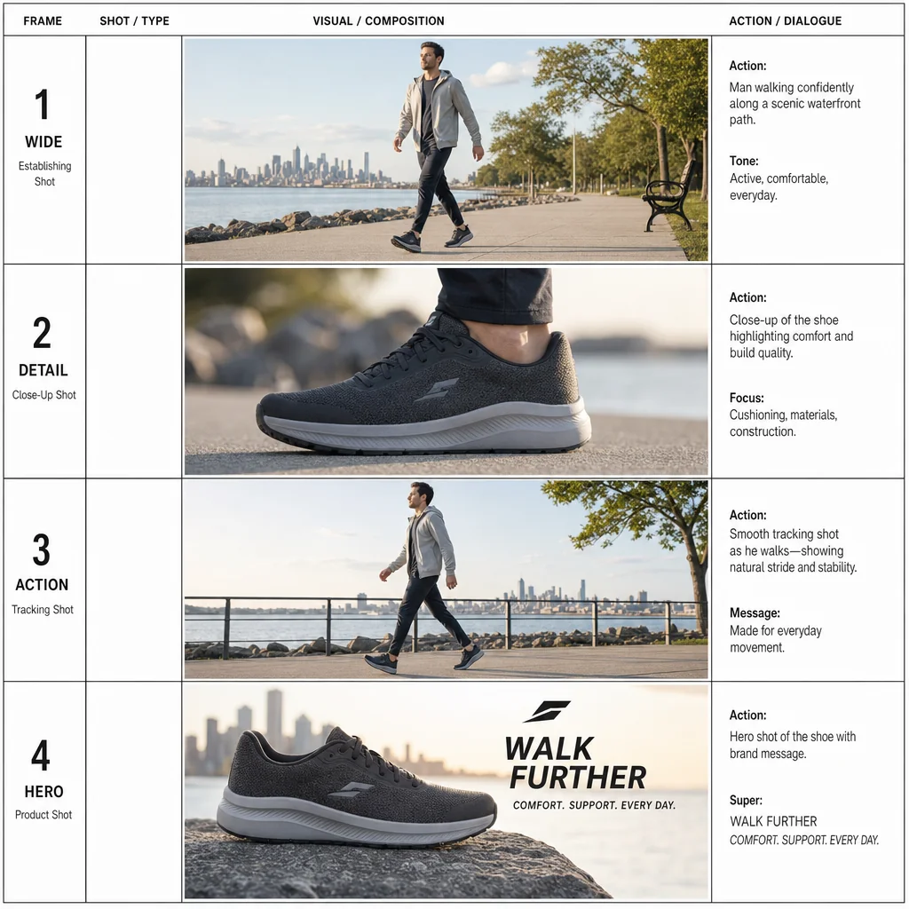 Four walking-shoe ad frames labeled WIDE, DETAIL, ACTION and HERO show a man walking and matching shoe details.