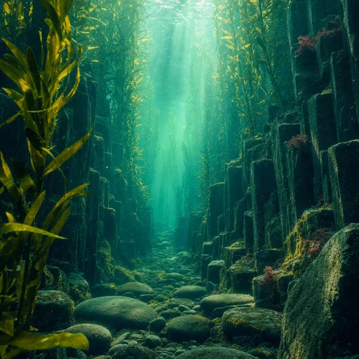 Tall kelp fronds rise through emerald light in a basalt channel lined with smooth stones.
