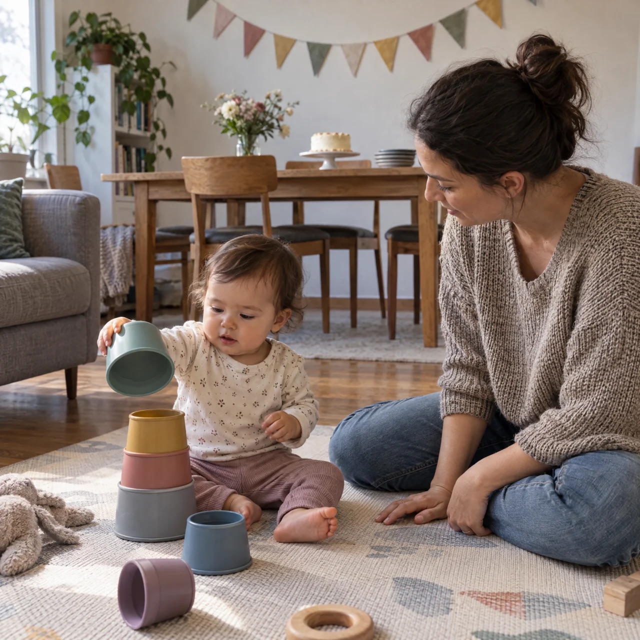 A smiling one-year-old plays with large stacking cups beside a caregiver, with simple bunting and a small birthday cake on a table behind them.