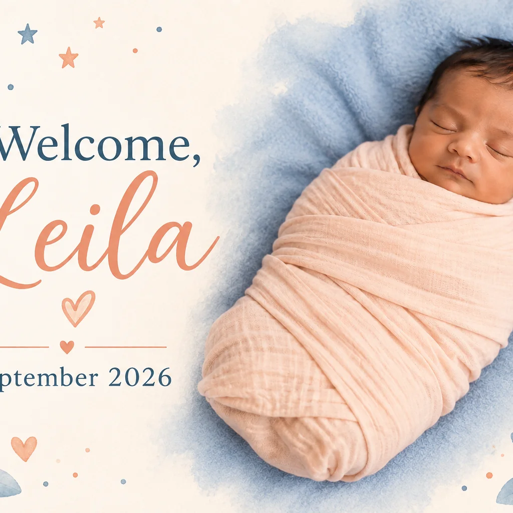 Peach and blue baby announcement with a sleeping baby and Welcome, Leila — September 2026 beside moon, stars, and leaves.