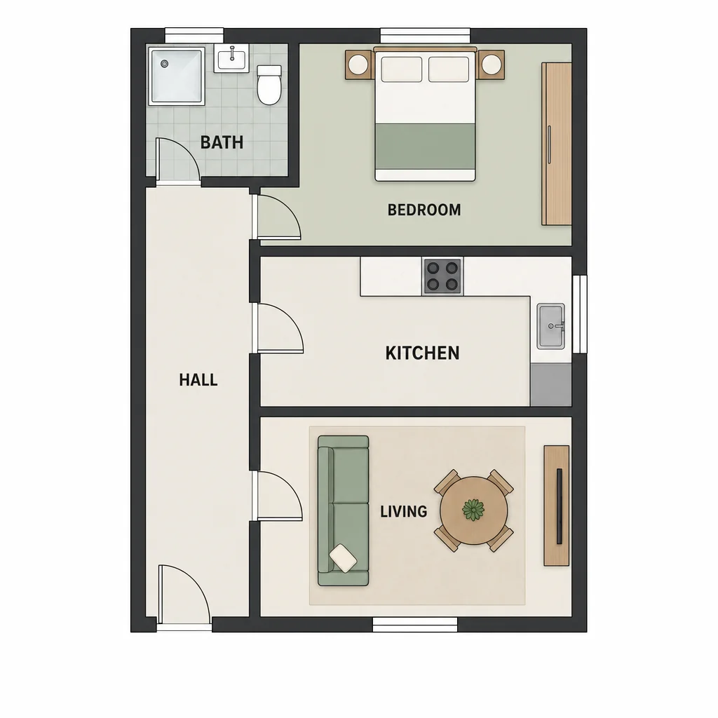 Unmeasured one-bedroom floor plan with a left-side hall linking bath, bedroom, kitchen and living room.