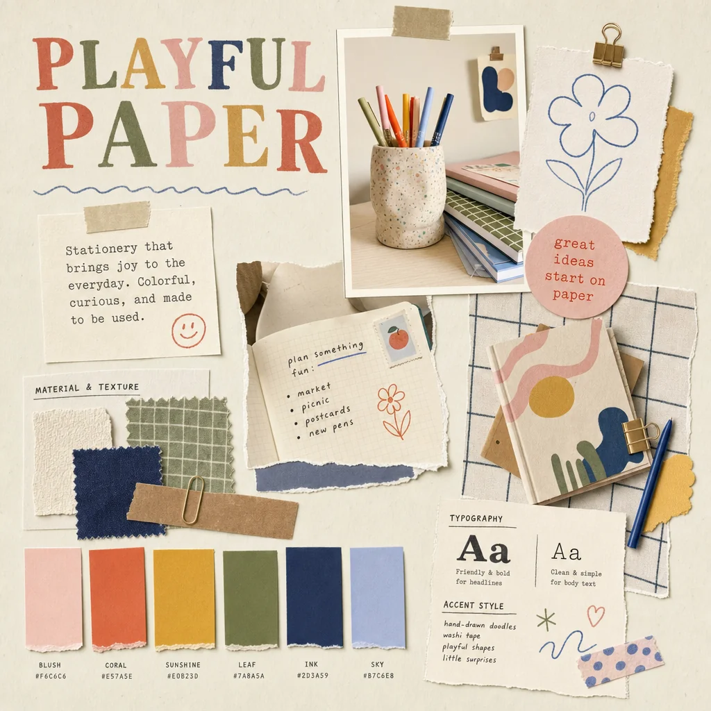 Playful Paper stationery moodboard with colorful notebooks, paper textures and typography cues.