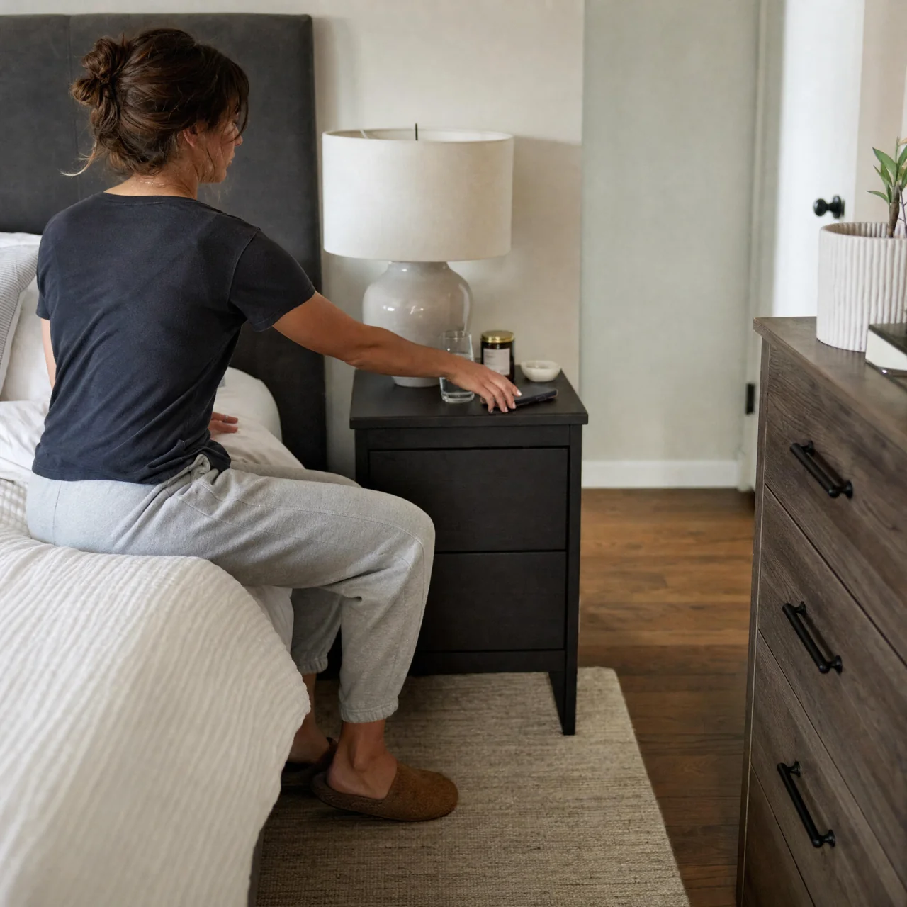 Person sitting on a bed reaching to a nearby nightstand with a lamp and phone, while the room shows closed storage and an unobstructed walking path.