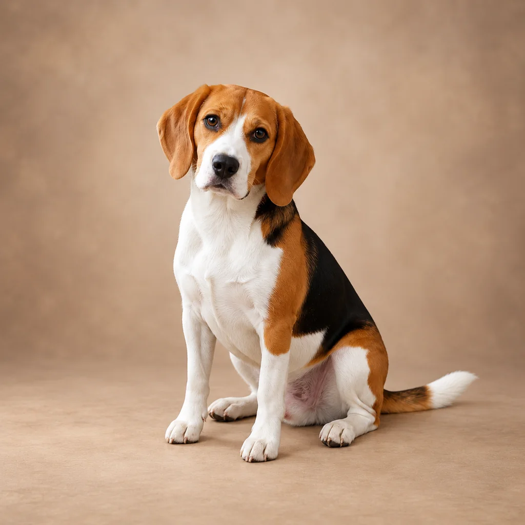 A tricolor beagle sits with its head tilted against a warm neutral studio backdrop.