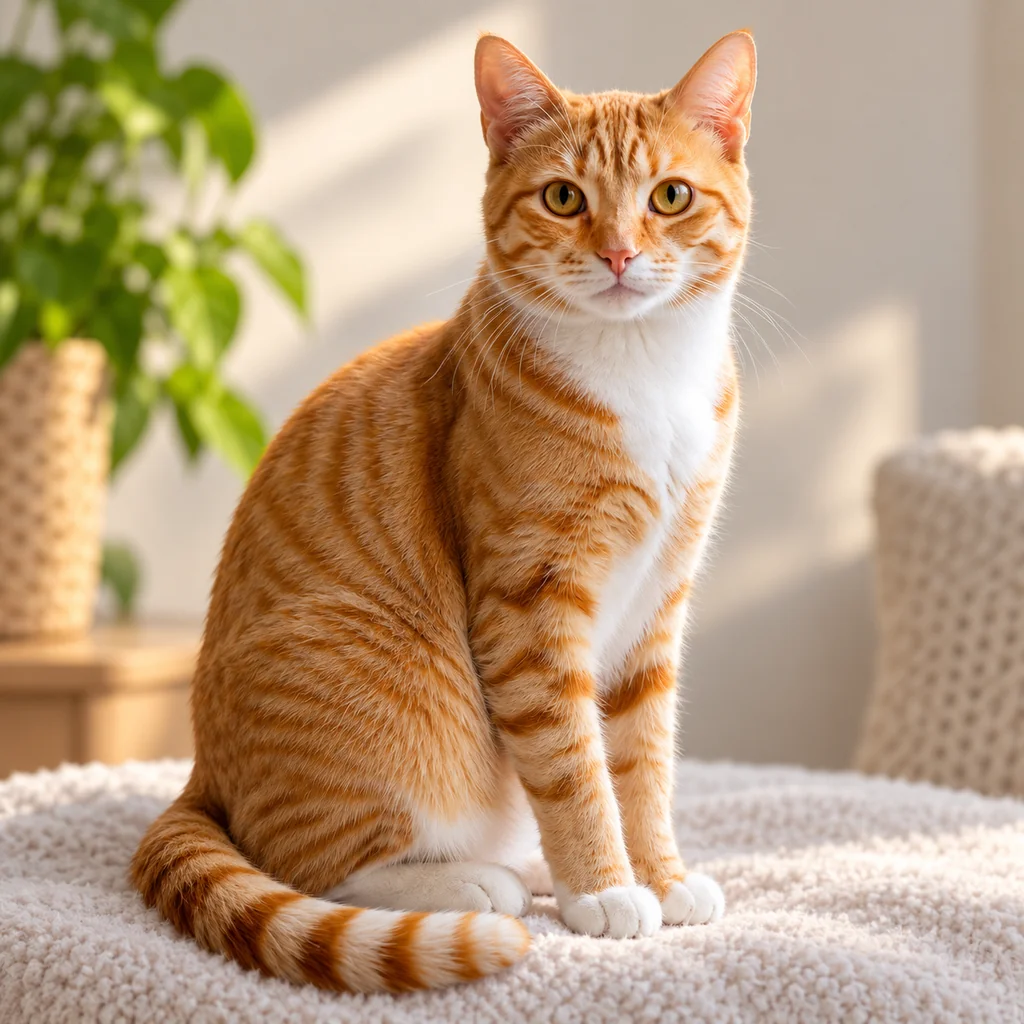An orange-and-white tabby cat sits on a cream textured blanket in warm window light.