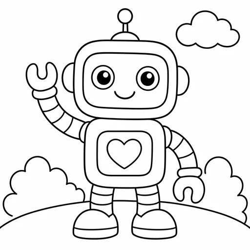 Friendly robot with heart panel, complete body, large fillable shapes and clean black outlines.